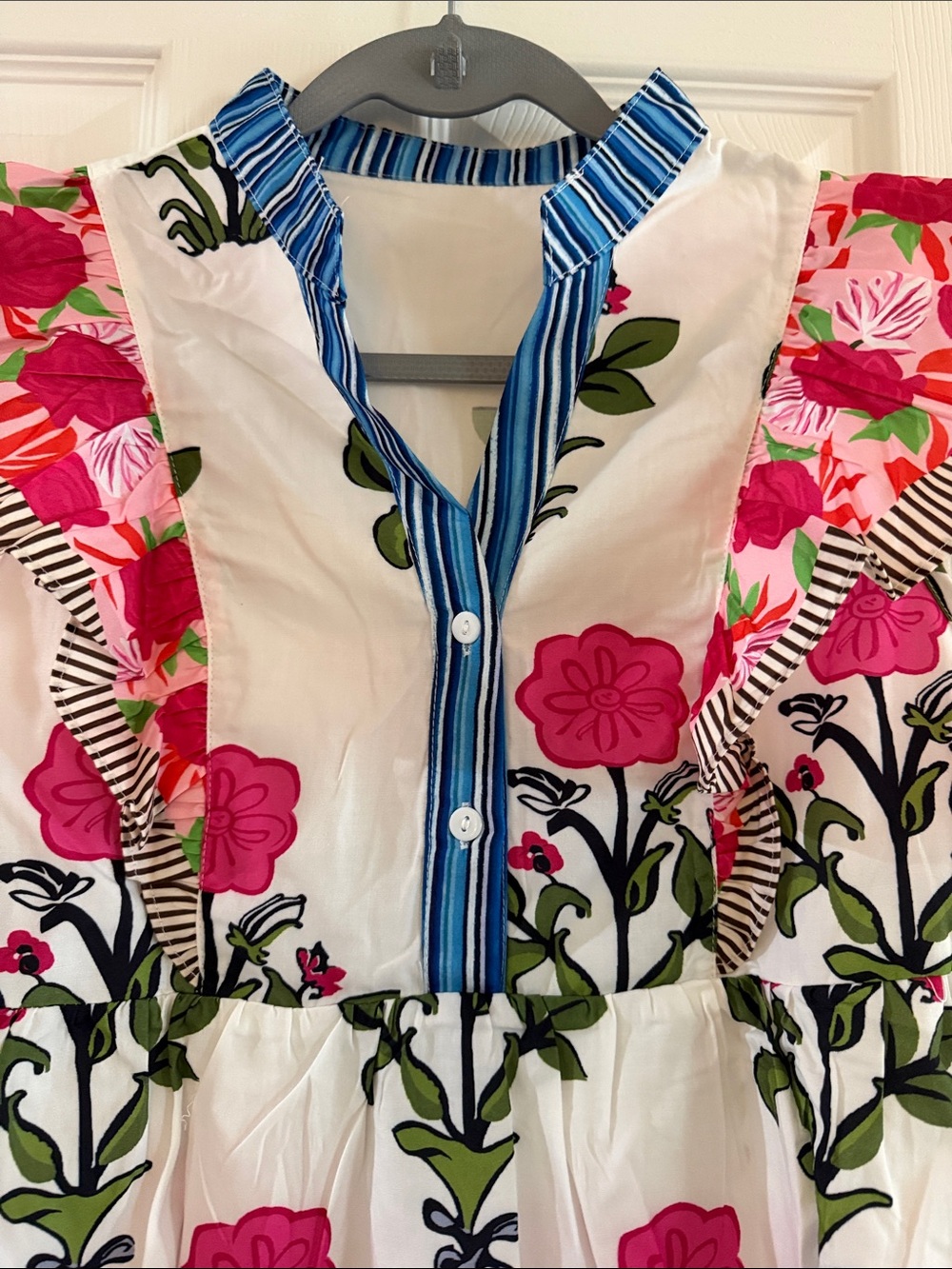 Women’s Floral Ruffle Top - White with Pink Flowers - Picture 4 of 10